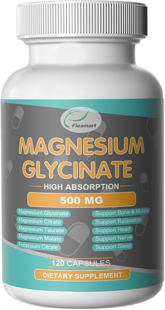 Magnésium Glycinat 500mg Capsules pour le sommeil, le coeur, le nerf et l'os, le supplément musculaire Magnésium Complexe Soutien Relaxation - 120 Capsules(60 jours d'approvisionnement)