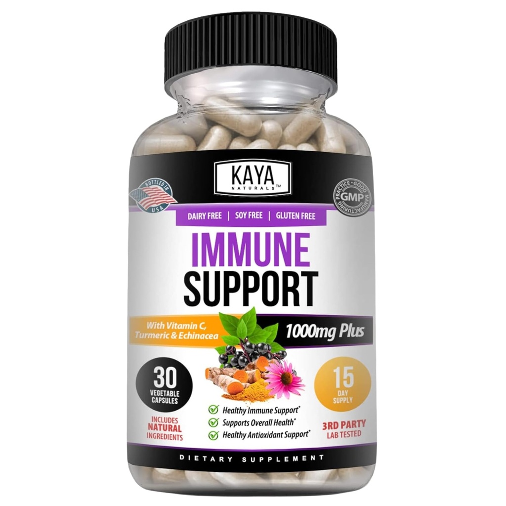 Kaya Naturals Immune Support pour les baies d'aînesses : Vitamines au zinc et vitamine C pour adultes, probiotiques et turcuma 1000mg Immune System Booster Sambucus Capsules - 30 Compte