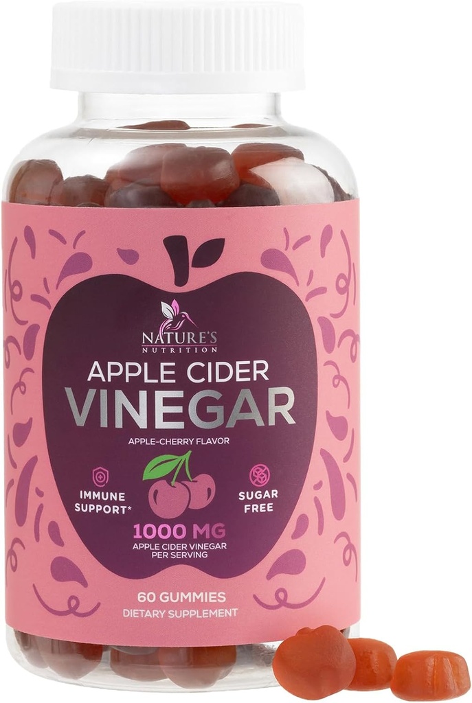 Gommies de vinaigre de cidre de pomme végétalien 1000mg - supplément de vitamine Gommy sans sucre avec vitamine B12 pour l'énergie - Digestion amicale kéto, désintoxication, nettoyage - sans gélatine, non-OGM - 60 Gommies