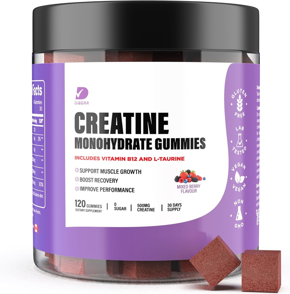 Gommies de créatine - Gommies monohydratées de créatine pour les hommes et les femmes - 5g de monohydrate de créatine par service- Augmenter la concentration, la force, l'endurance -Construire le muscle, sans sucre, végétalien, non-OGM 120 Ct