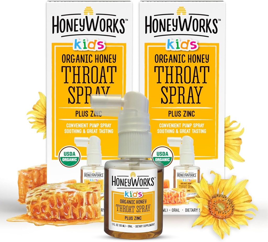 Vaporisateur de gorge pour enfants HoneyWorks pour le soulagement de la gorge douloureuse, 1 oz (paquet de 2) Apaisant non-OGM USDA Miel foncé biologique + zinc, soulagement à action rapide, 12 mois+