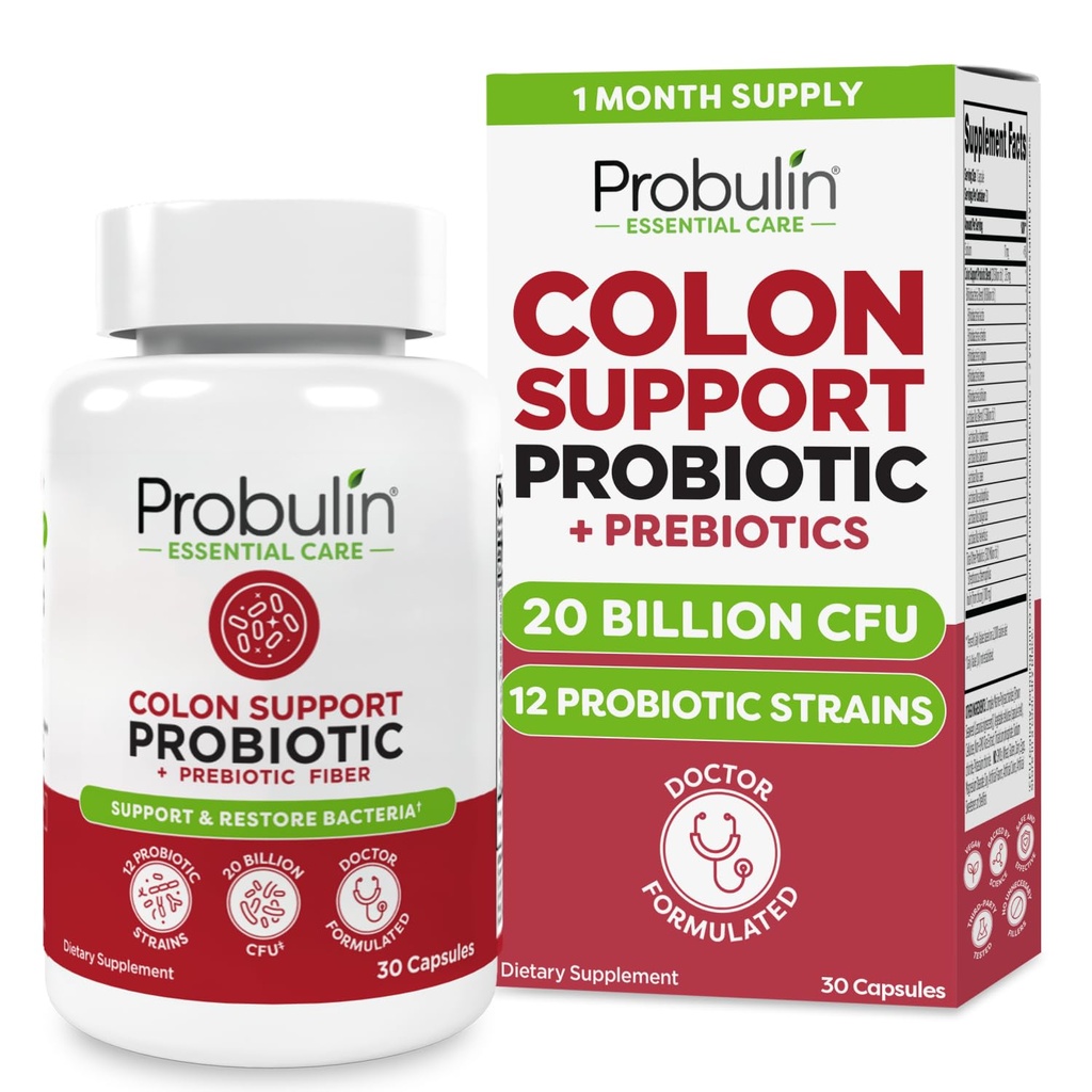 Probuline Colon Soutien Probiotique Supplément, Gut quotidien, Digestion et Immune Probiotiques de santé Capsules pour hommes et femmes, 20 Million CFU, Vegan, 30 Bouteilles de Comte