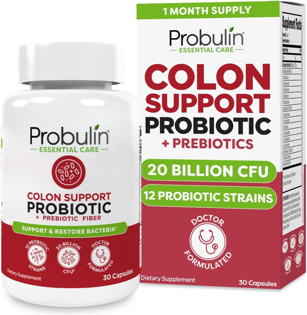 Probuline Colon Soutien Probiotique Supplément, Gut quotidien, Digestion et Immune Probiotiques de santé Capsules pour hommes et femmes, 20 Million CFU, Vegan, 30 Bouteilles de Comte