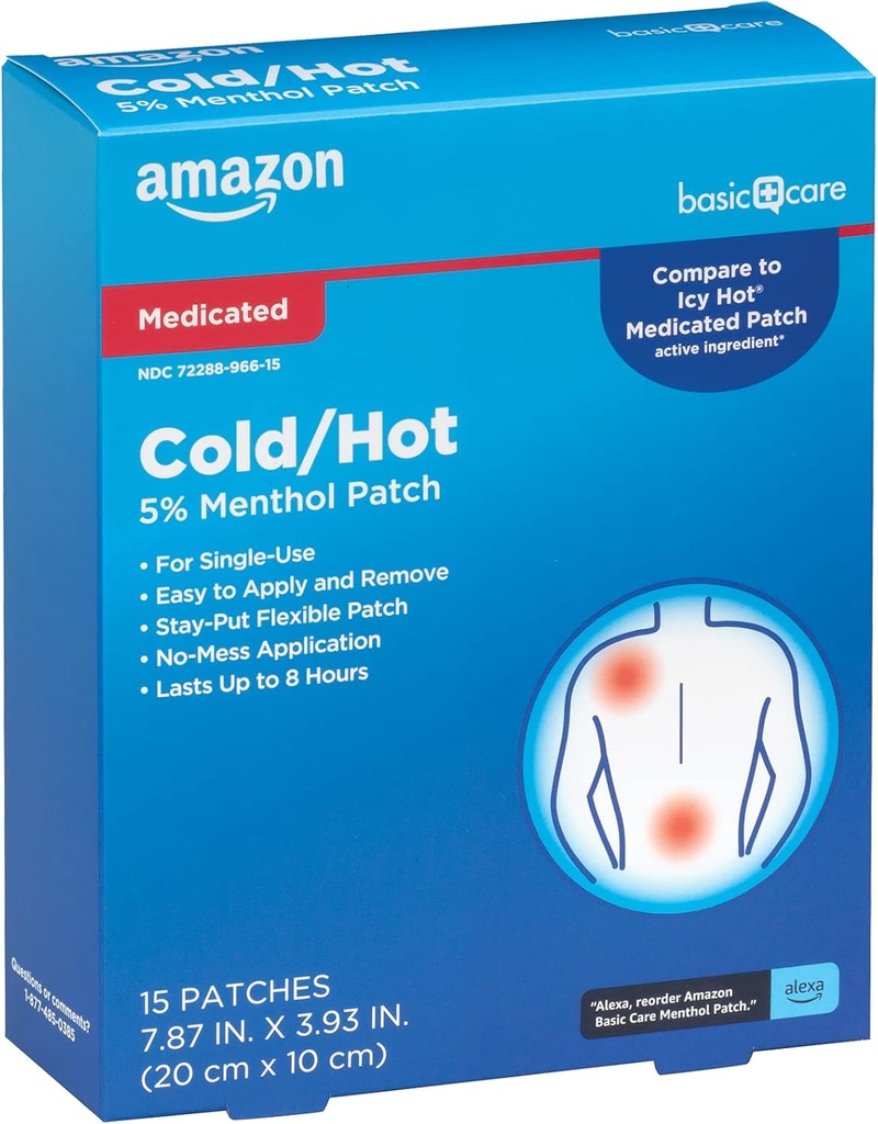 Amazon Basic Care Medicated Cold Hot 5% Menthol Patch, 7.87” x 3.93”, 15-Count Box (Previously HealthWise)