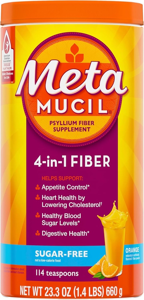 Métamucil 4-en-1 Psyllium Husk Fiber Supplément, sans sucre, 114 cuillères à café, orange aromatisé, poudre de fibre quotidienne pour la santé digestive, fait avec la fibre de mousse de Psyllium à base végétale