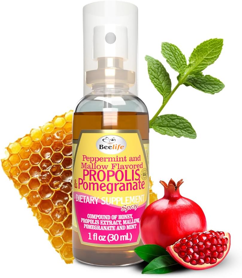 Spray pour la gorge de la propolis de l'abeille – Miel apaisant, menthe et grenade - Soutien naturel immunitaire et soulagement de la gorge des plaies - Antioxydants, riches en flavonoïdes et Artepillin C, Pas de sucre, sans gluten, 1-paquet, 30ml