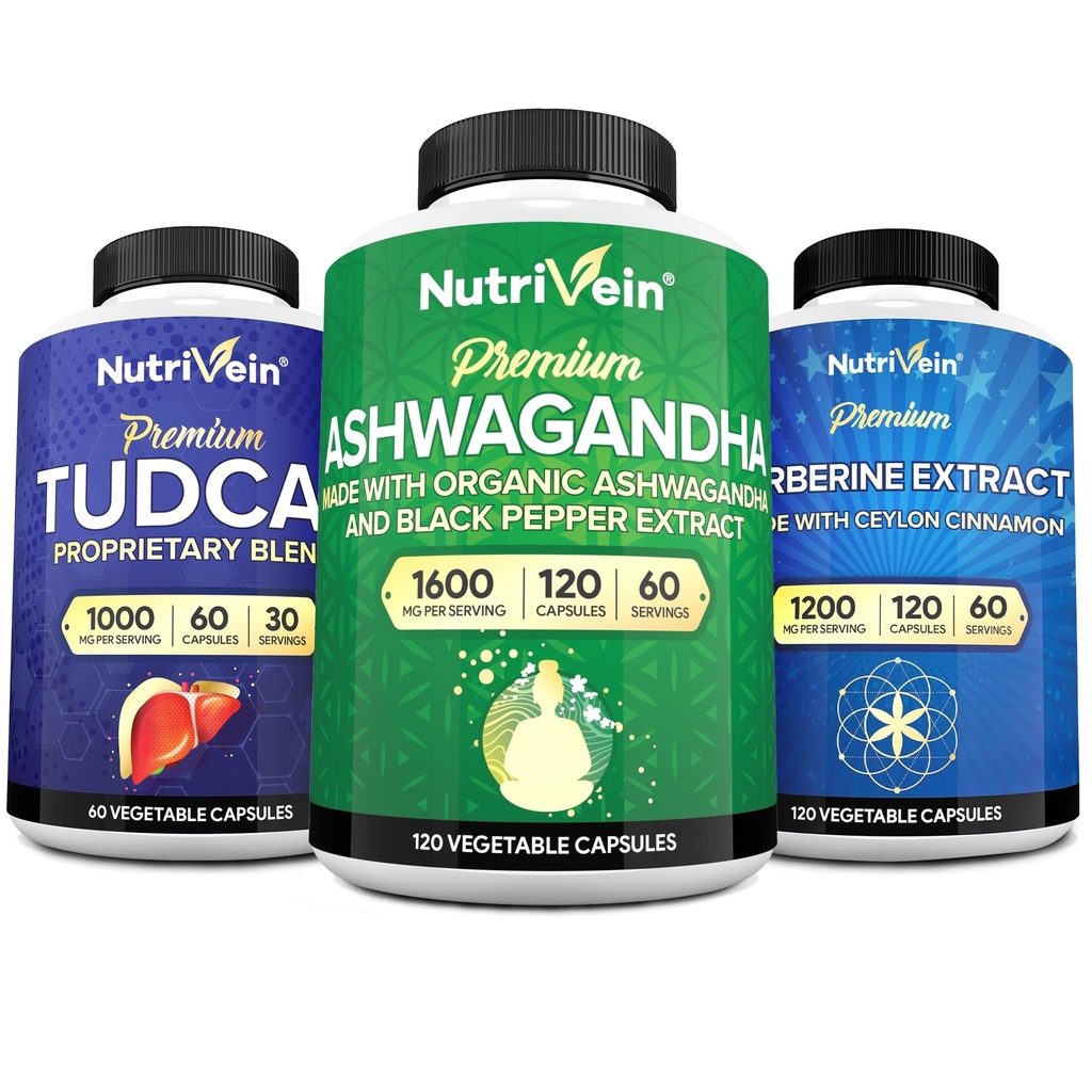 Nutrivein Premium TUDCA, suppléments berbères et suppléments ashwagandha: Complexe berbère à haute absorption, extrait de racine ashwagandha et TUDCA pour la désintoxication, la vitalité et le bien-être
