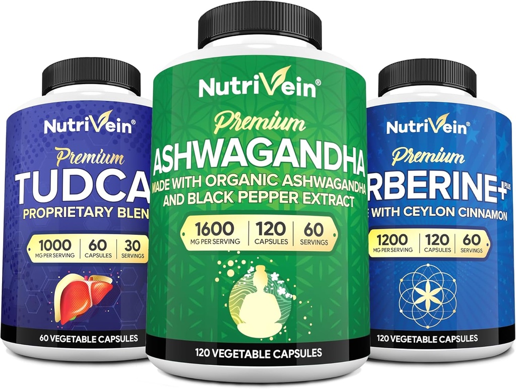 Nutrivein Premium TUDCA, suppléments berbères et suppléments ashwagandha: Complexe berbère à haute absorption, extrait de racine ashwagandha et TUDCA pour la désintoxication, la vitalité et le bien-être