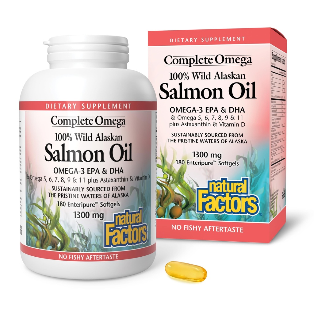 Omega complet par facteurs naturels, huile de saumon sauvage d'Alaska, soutient la santé du coeur et du cerveau avec Omega-3 DHA et EPA, 180 softgels (180 portions)