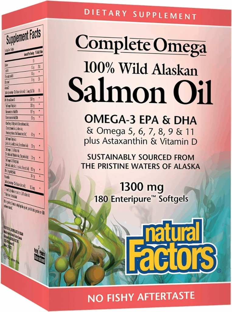 Omega complet par facteurs naturels, huile de saumon sauvage d'Alaska, soutient la santé du coeur et du cerveau avec Omega-3 DHA et EPA, 180 softgels (180 portions)