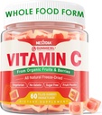 Vitamine C biologique Gummies 120mg pour les adultes, sans sucre, défense quotidienne des immunes, antioxydants crus, 100% de la nourriture complète supplément de vitamine C à croquer de 1200mg baies et fruits pour collagène, végétalien, 60 comtes