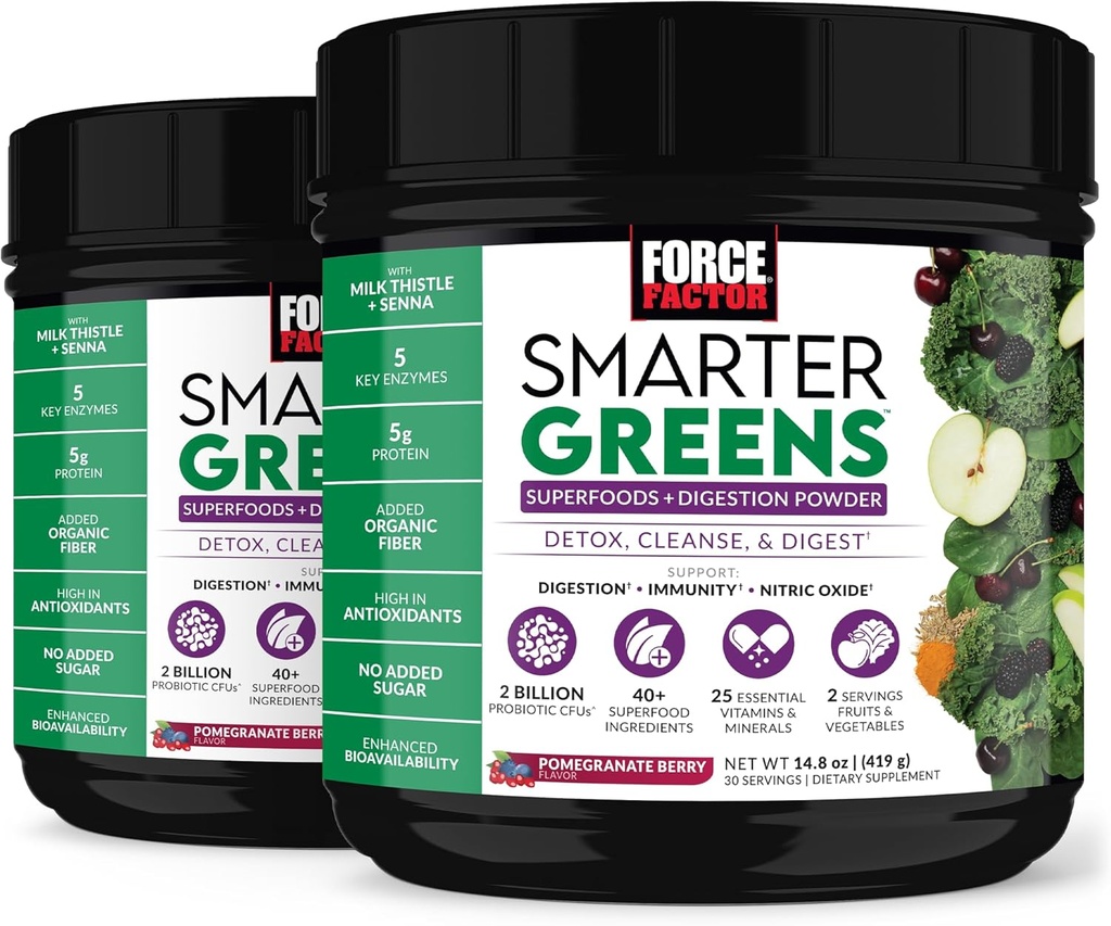 Force Factor Smarter Greens Superfoods Powder to Support Digestion, Gut Health, Bloating, Greens Powder with Probiotics, Prebiotics, Digestive Enzymes, & Adaptogens, Pomegranate Berry, 60 Servings
