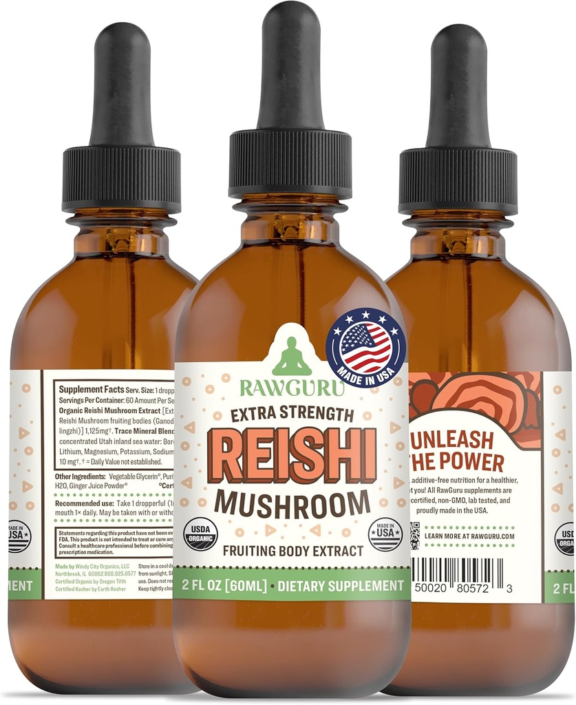 Teinture de champignons bio Reishi RawGuru - Extrait de champignons Reishi avec des minéraux de traces naturelles - Supplément de soutien cognitif et immunitaire nanoprocessé - 60 portions de gouttes de végétalien par 60 ml, boîte de 1