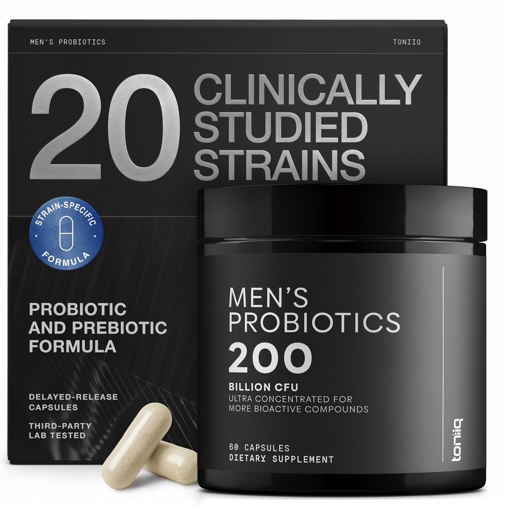 Toniiq Mens Probiotic with 20 Verified Strains – 200 Bilion CFU + 200mg FOS Prebiotic – Mens Probiotics for Gut Health - Cold-Chain & Delayed-Release – Lab-Tested Synbiotic Formula