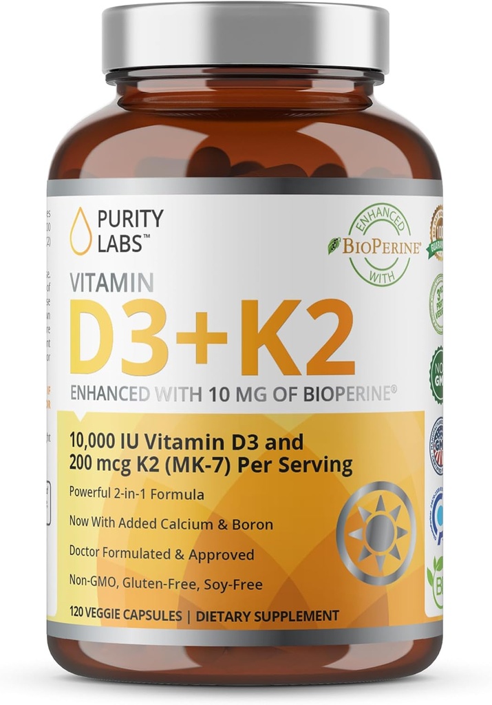 Purity Labs Vitamine D3 K2 10000 UI, (250mcg) D3 + 200mcg K2 MK7 - Supplément de soutien immunitaire amélioré avec Bioperine - Suppléments pour la défense quotidienne, os, muscles et santé de la peau - 120 Capsules