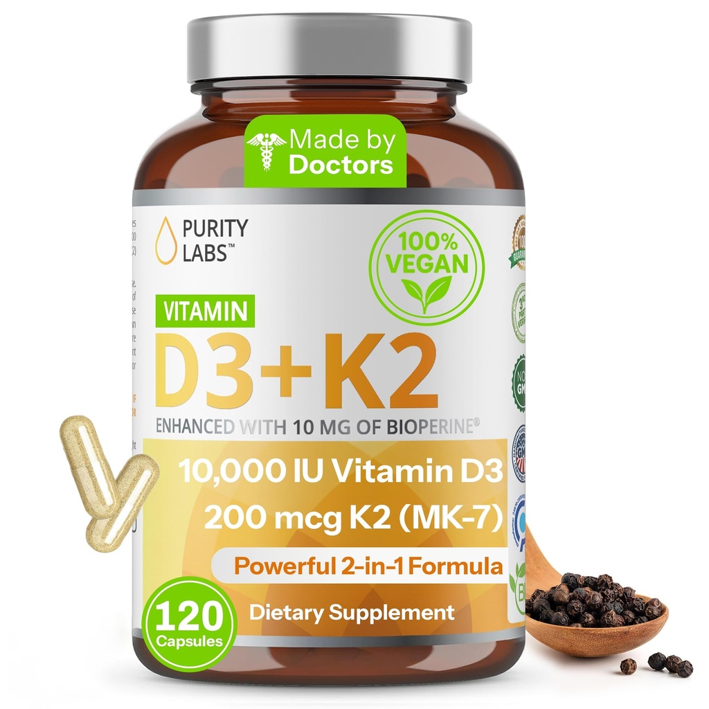 Purity Labs Vitamine D3 K2 10000 UI, (250mcg) D3 + 200mcg K2 MK7 - Supplément de soutien immunitaire amélioré avec Bioperine - Suppléments pour la défense quotidienne, os, muscles et santé de la peau - 120 Capsules