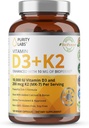 Purity Labs Vitamine D3 K2 10000 UI, (250mcg) D3 + 200mcg K2 MK7 - Supplément de soutien immunitaire amélioré avec Bioperine - Suppléments pour la défense quotidienne, os, muscles et santé de la peau - 120 Capsules