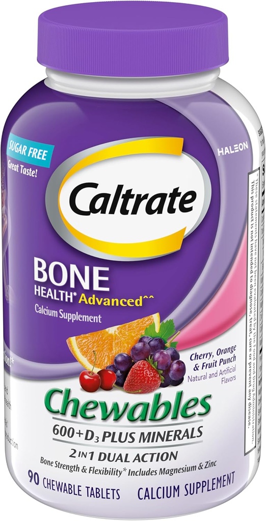 Caltrates à croquer 600 +D3 Plus Minéraux Calcium et vitamine D, sans sucre, cerise, orange et punch de fruits, 90 Compte