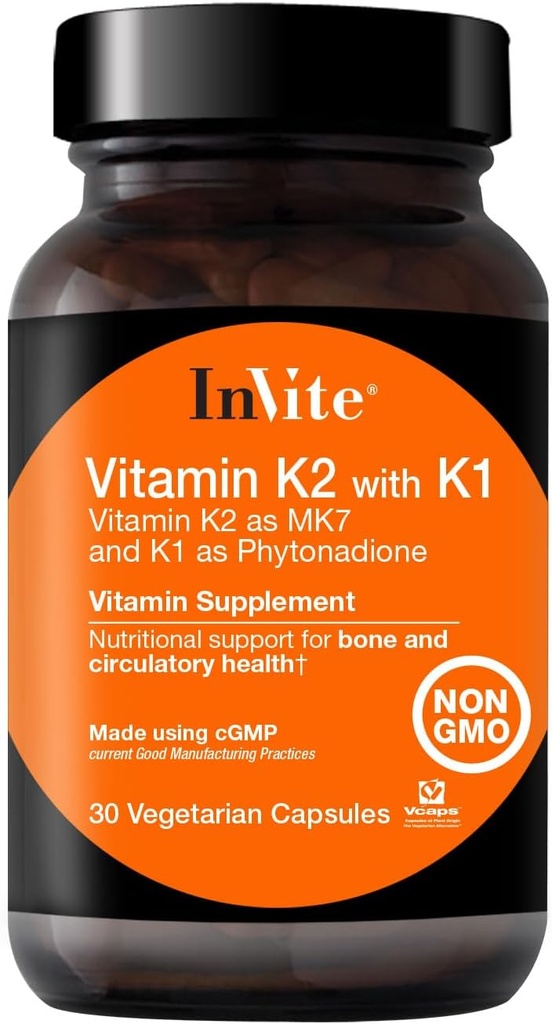 Inviter Santé Vitamine K2 avec K1 - Soutient la santé osseuse et circulatoire - Vitamine K2 comme MK7 et K1 et Phytonadione - 30 capsules végétariennes (2-pack)