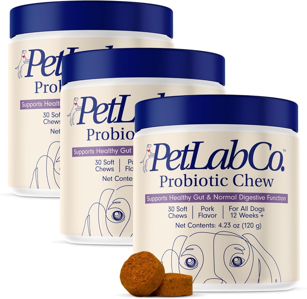 PetLab Co. Probiotiques pour chiens, soutien santé de la gueule, diarrhée occasionnelle, santé digestive et allergies saisonnières - Arôme de porc - 30 chews mous - Emballage Mai Varier (Value 3-Pack)