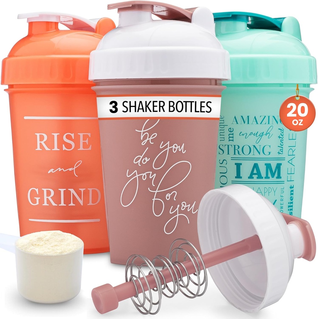 GOMOYO [3-Pack] Bouteille 20-Ounce Shaker avec mélangeur à chaîne d'action.Bouteille de shaker protéinique avec citations motivation.Les shakers pour les shakes protéiniques sont sans BPA et sans lave-vaisselle.