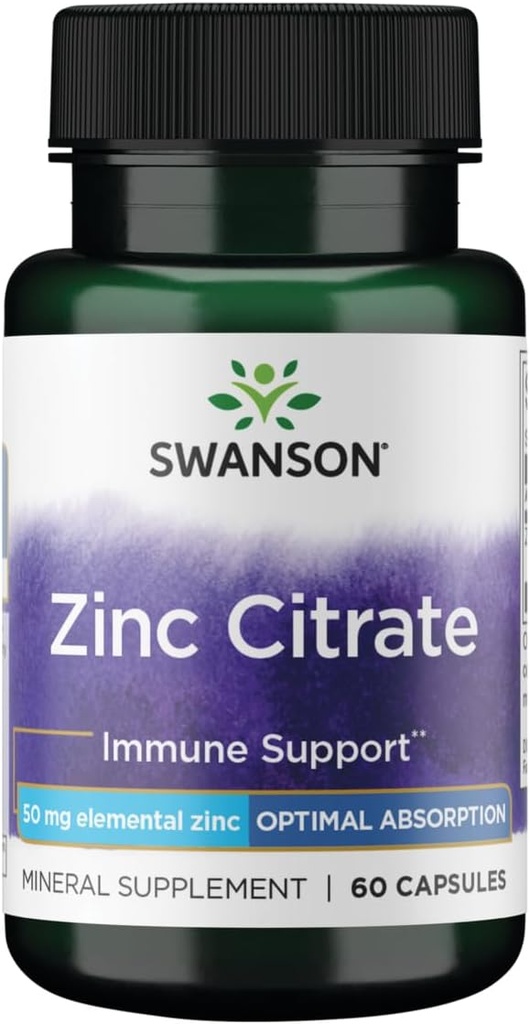 Citrate de zinc de Swanson - Supplément minéral favorisant une vision saine et le système immunitaire Santé - Formule naturelle appuyant le mieux-être général - (60 capsules, 50 mg chacune)