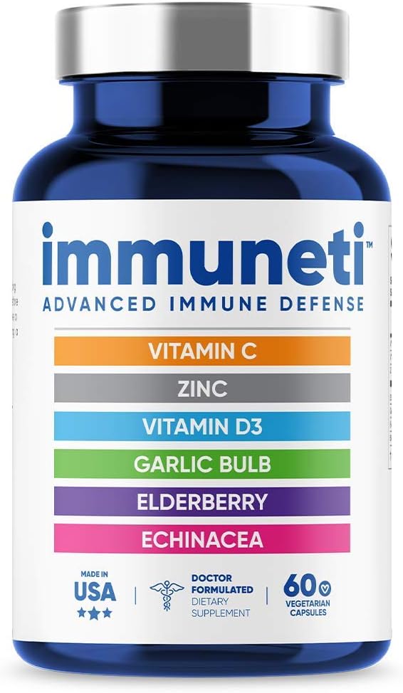 Immuneti - Protection immunitaire avancée, 6-en-1 mélange puissant de vitamine C, vitamine D3, zinc, mûres aînées, bulbe d'ail, échinacée - soutient la santé globale, fournit des nutriments vitaux et des antioxydants