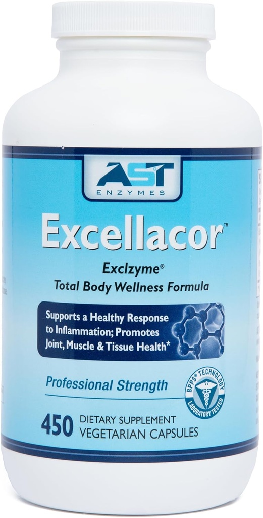 AST Enzymes Excellacor-450 Capsules végétariennes-Prémium Formule enzymatique naturelle systémique-Soutien total du corps - Contient Serrapeptase résistant à l'acide - Soutienne une inflammation et des articulations saines