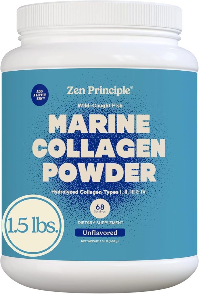Zen Principe Marine Collagène Peptides Poudre 1,5 lb. Poisson sauvage, non-OGM. Soutient la peau saine, les cheveux, les articulations et les os. Protéines hydrolysées de type 1 et 3. Acides aminés. Sans saveur, facile à mélanger.