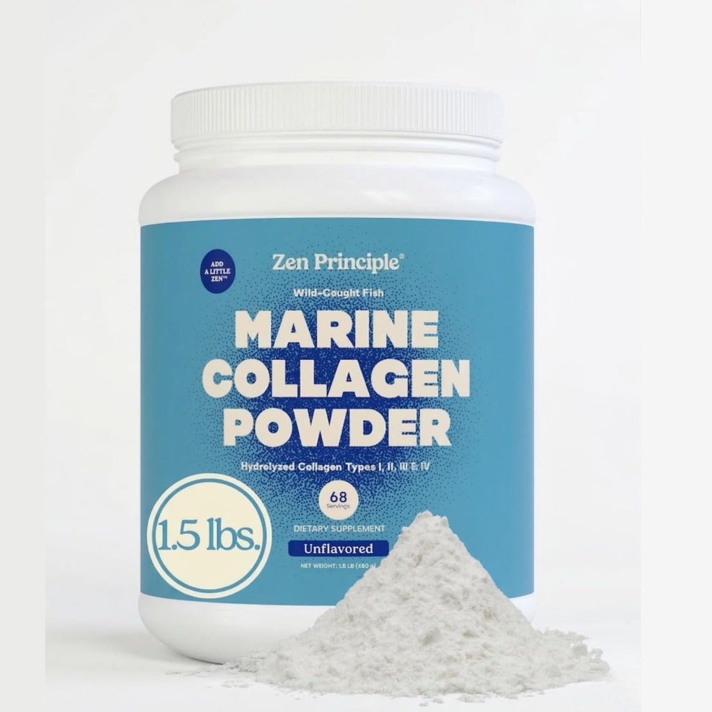 Zen Principe Marine Collagène Peptides Poudre 1,5 lb. Poisson sauvage, non-OGM. Soutient la peau saine, les cheveux, les articulations et les os. Protéines hydrolysées de type 1 et 3. Acides aminés. Sans saveur, facile à mélanger.