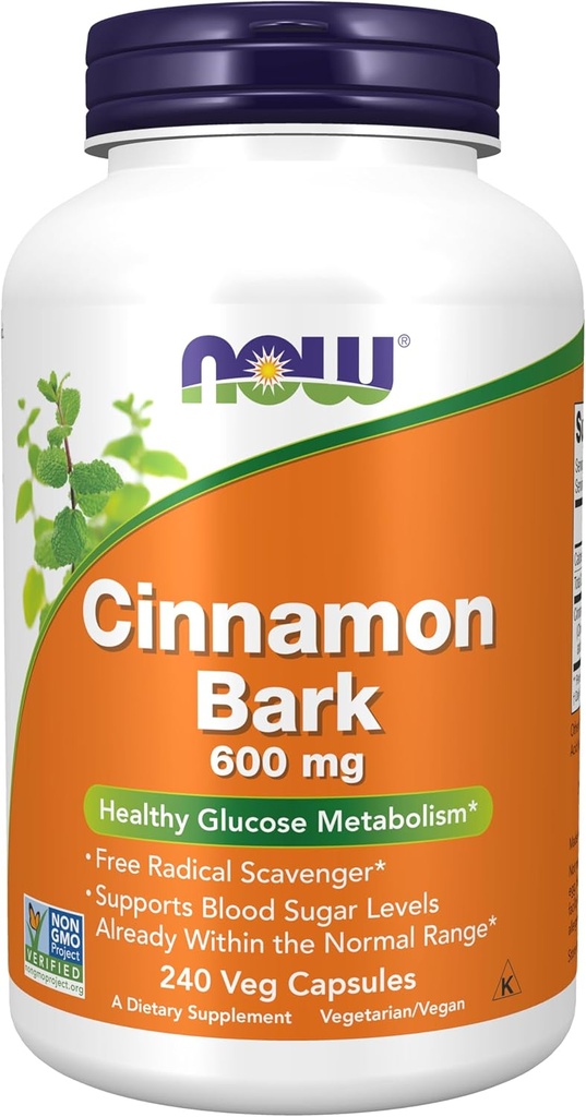 MAINTENANT Aliments suppléments, Cinnamon Bark 600 mg, Projet non-OGM Vérifié, santé du métabolisme du glucose*, 240 gélules