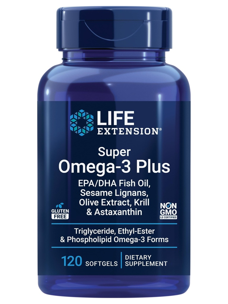 Extension de vie Super Omega-3 Plus EPA/DHA Huile de poisson, sésame Lignans, extrait d'olive, krill et astaxanthine - Soutien de santé cardiaque, cérébrale et articulaire - Sans gluten, sans OGM - 120 Softgels