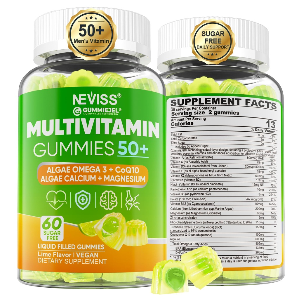 Multivitamine pour les hommes 50 + Plus, sans sucre Hommes Multivitamines Gummies w/Omega-3, Coq10, D3k2, Calcium, Magnésium, Zinc, Vitamines A, C & E, Vitamines pour hommes pour l'Hert, Antioxydant, Cerveau, Os, 60cts