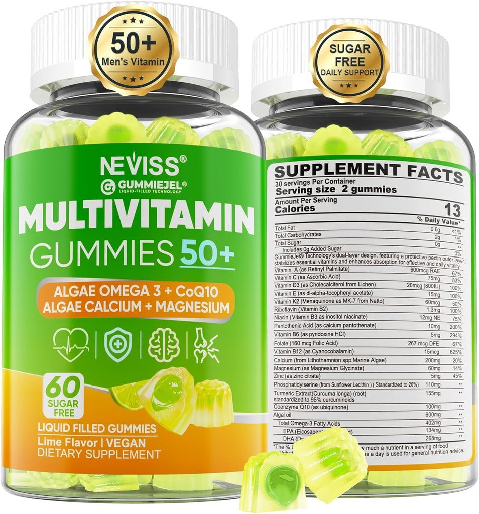 Multivitamine pour les hommes 50 + Plus, sans sucre Hommes Multivitamines Gummies w/Omega-3, Coq10, D3k2, Calcium, Magnésium, Zinc, Vitamines A, C & E, Vitamines pour hommes pour l'Hert, Antioxydant, Cerveau, Os, 60cts