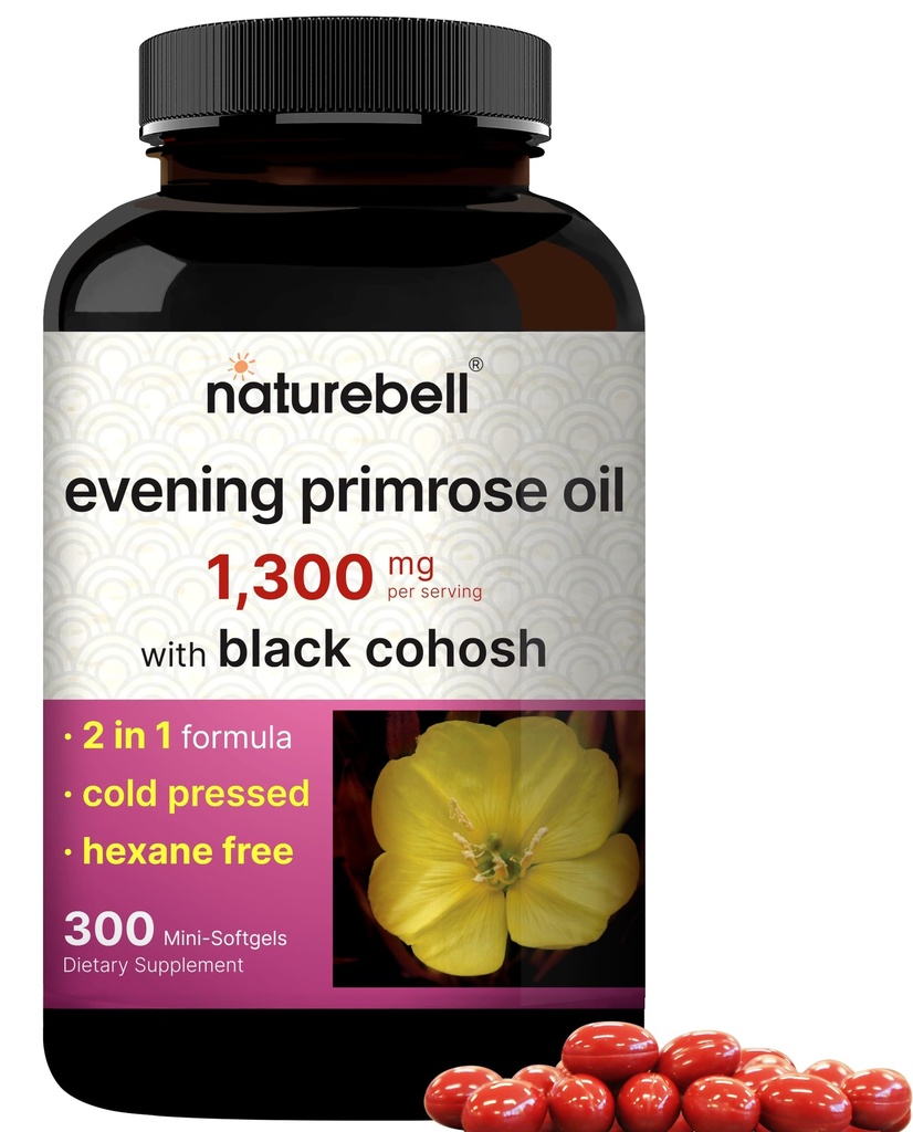 NatureBell Huile de Primrose avec Cohosh Noir, 1.300mg par portion, 300 Mini-Softgels.