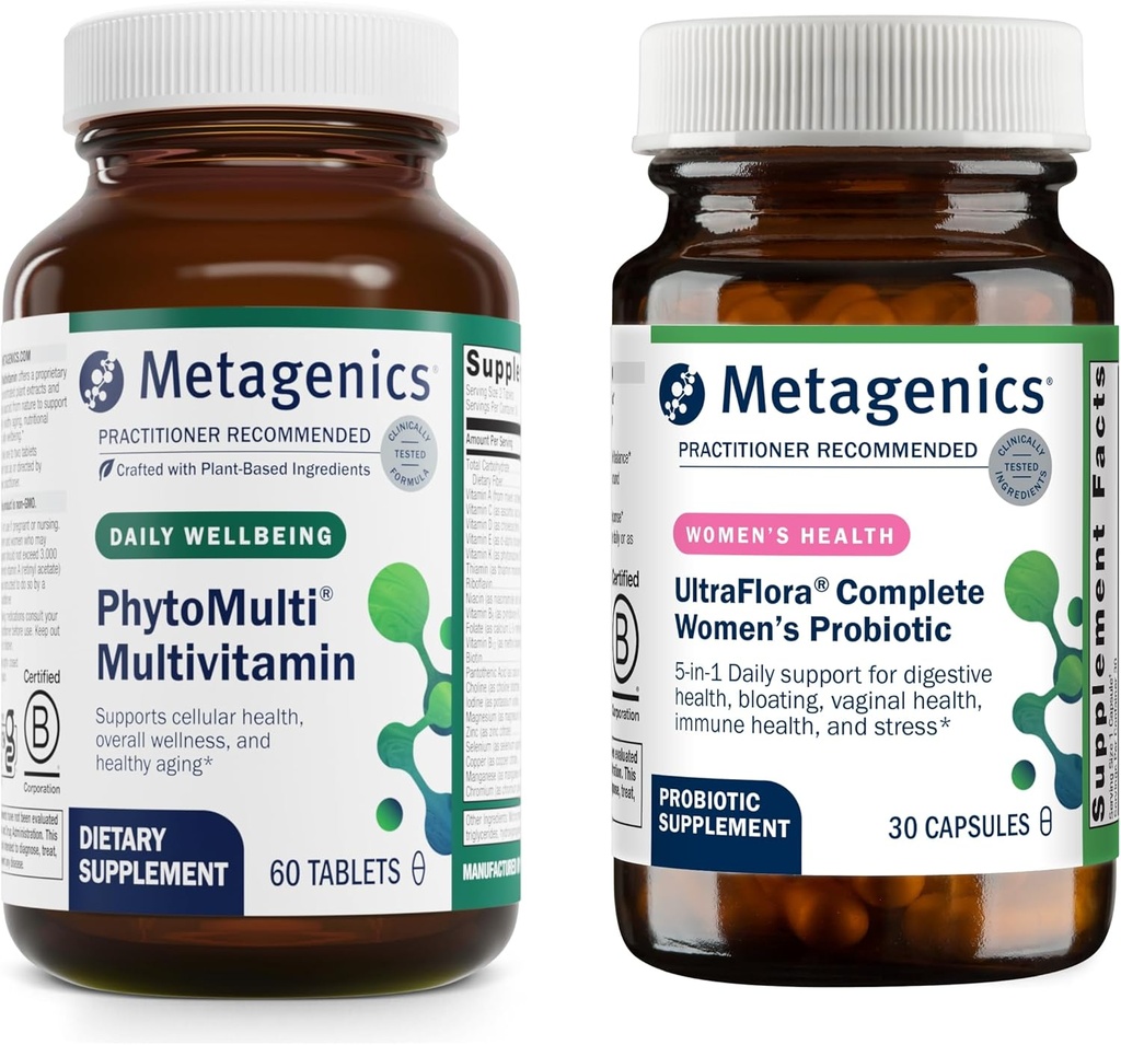 Metagenics PhytoMulti Multivitamin Without Iron (60 Tablets) & UltraFlora Complete Women's Probiotic (30 Capsules) - Contains Essential Vitamins & Minerals - Aids Digestive Health