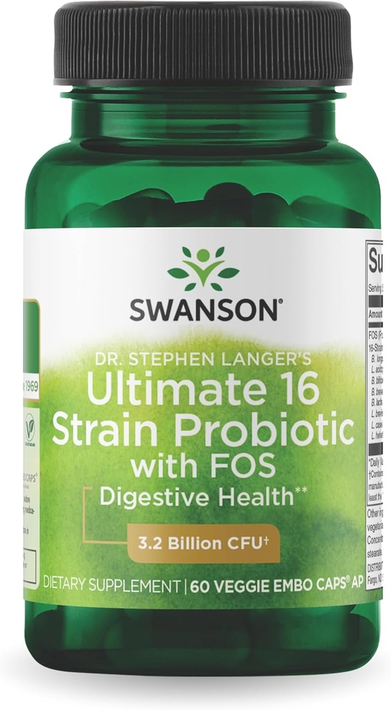 Swanson Formule du Dr Stephen Langer - Probiotique naturel avec/prébiotique FOS - Supplément 16-Strain favorisant le soutien digestif w/ 3.2 Million CFU par gélule - (60 Capsules de Veggie)