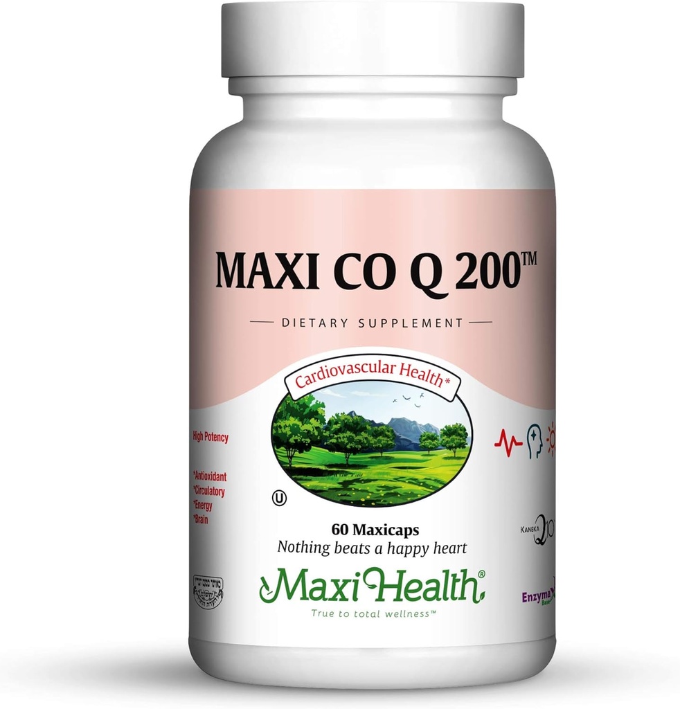 Maxi Health CO Q10 200mg - Supplément Coenzyme Q10 - Santé cardiovasculaire - 60 Capsules - Kosher