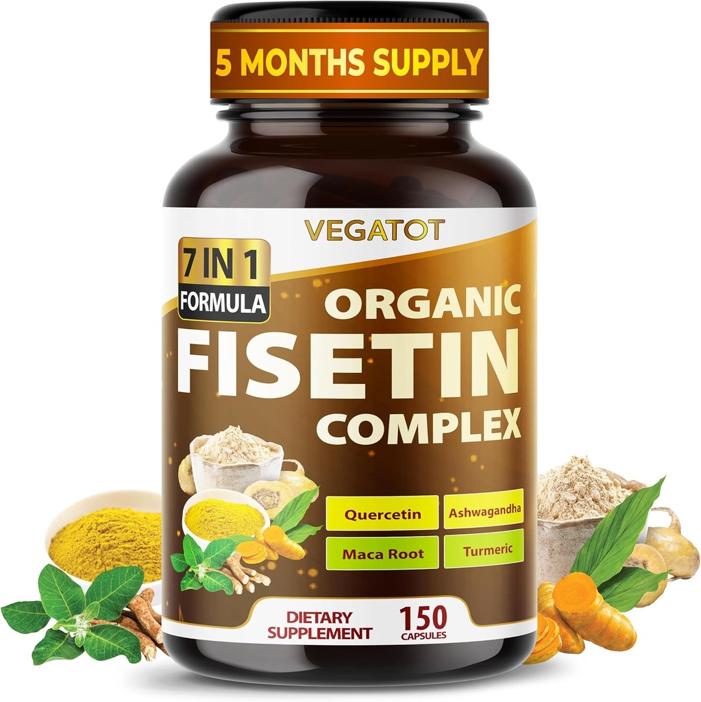 VEGATOT Organic Fisetin Complex 7-en-1 Formule avec Quercetin, Resvératrol, Ashwagandha, Maca Root, Turmeric, Black Pepper.