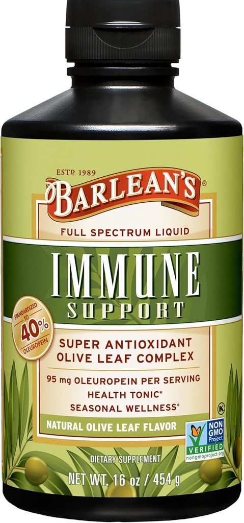 Barlean's Olive Leaf Complex Liquid Immmune Support Supplément avec 95mg Oleuropein Antioxydants pour le bien-être saisonnier, la santé cardiaque et le système immunitaire Booster, 16 Once