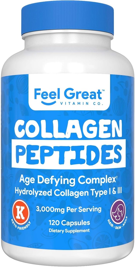 Hydrolyzed Collagen Peptides Powder Capsules (Type I &III) by Feel Great Vitamin Co. | Wheat Free, Keto & Paleo Friendly | Collagen Powder Supplement for Hair, Skin and Nails*