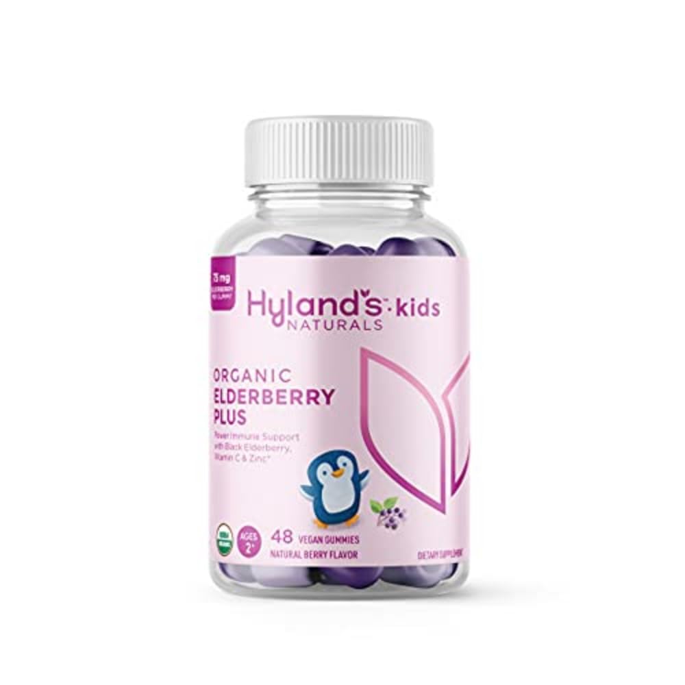Hyland's Kids Organic Elderberry Plus Gummies, Aileron noir biologique avec ZINC et vitamine C, Immune Support pour les enfants, 48 Gummies Vegan