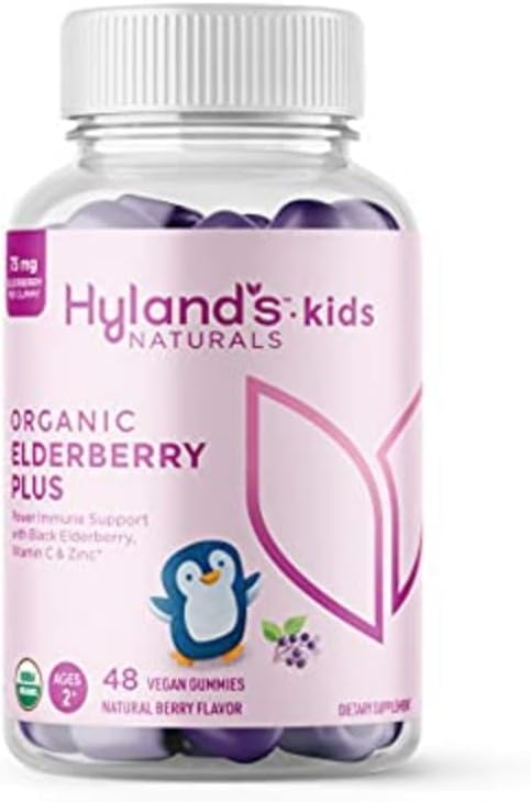 Hyland's Kids Organic Elderberry Plus Gummies, Aileron noir biologique avec ZINC et vitamine C, Immune Support pour les enfants, 48 Gummies Vegan