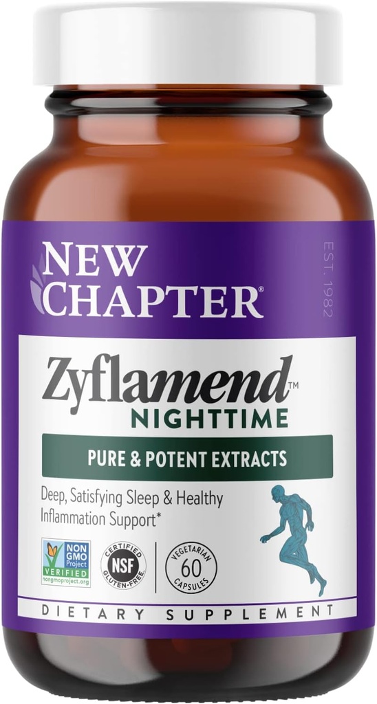 Nouveau chapitre Aide au sommeil – Zyflamend Nighttime pour le soutien du sommeil avec la racine curcuma + Valérien + Lemon Baume + Saint Basilic, Capsules végétariennes, 60 Compte