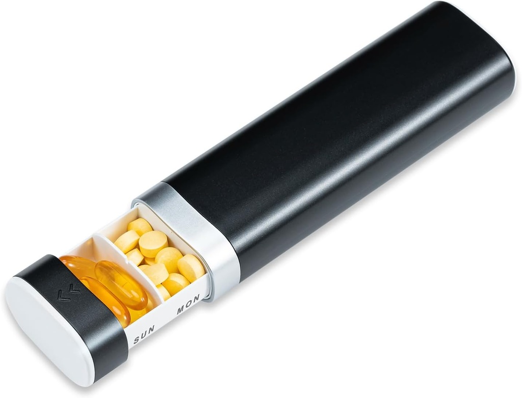 Betife Travel Pill Organizer Weekly 7 Day, Compact Daily Pill Box, Portable Medicine Case, Support de pilule mignon pour suppléments de vitamines, Organisateur de pilules en forme de tiroir (noir)