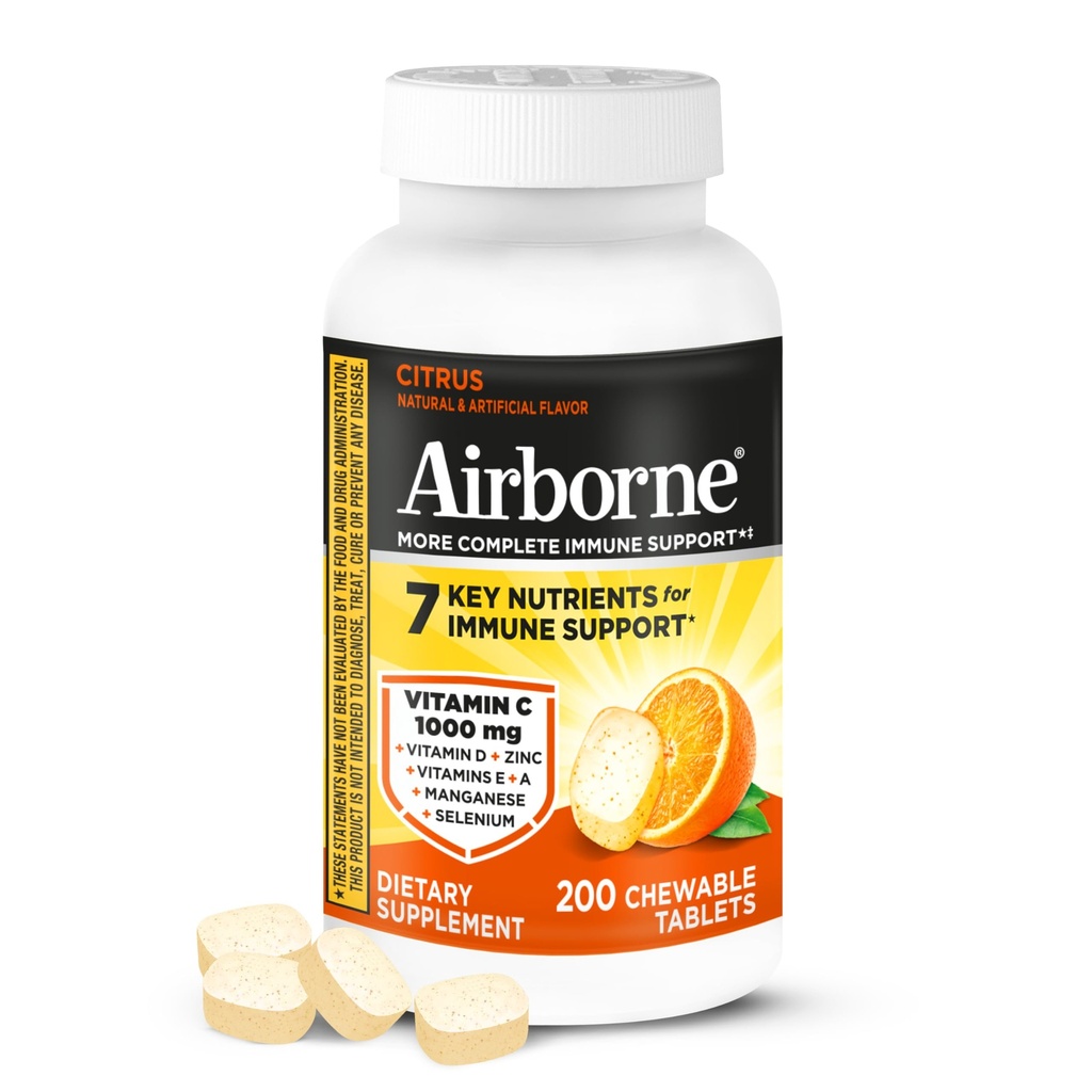 Airborne 1000mg Vitamine C avec D et Zinc, Multivitamine Immmune Supplément de soutien avec les antioxydants A, C et E, 200 comprimés à croquer, Citrus Flavor