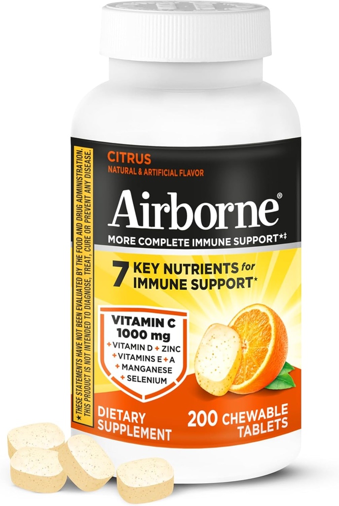Airborne 1000mg Vitamine C avec D et Zinc, Multivitamine Immmune Supplément de soutien avec les antioxydants A, C et E, 200 comprimés à croquer, Citrus Flavor