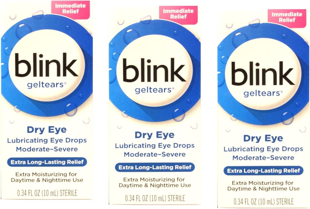 Blink GelTears Lubrifiant gouttes oculaires pour les yeux secs, extra longue durée de soulagement, Formule hydratante, Sécheresse modérée à sévère, 0,34 fl oz (paquet de 3)