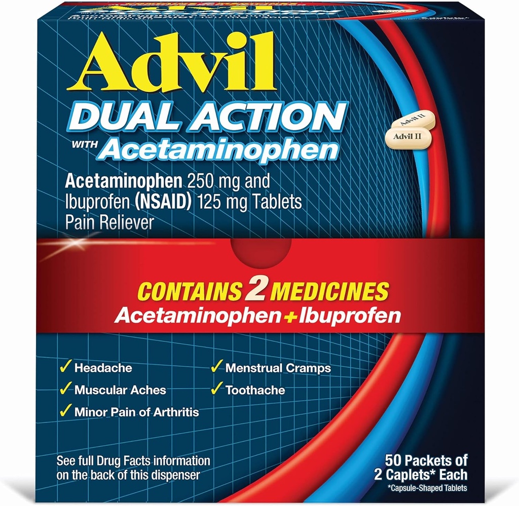 Caplets enduits à double action advil avec l'acétaminophène, 250 Mg d'Ibuprofène et 500 Mg d'acétaminophène par dose (2 équivalents de dose) pour 8 heures de soulagement de la douleur - 2 Compte x 50