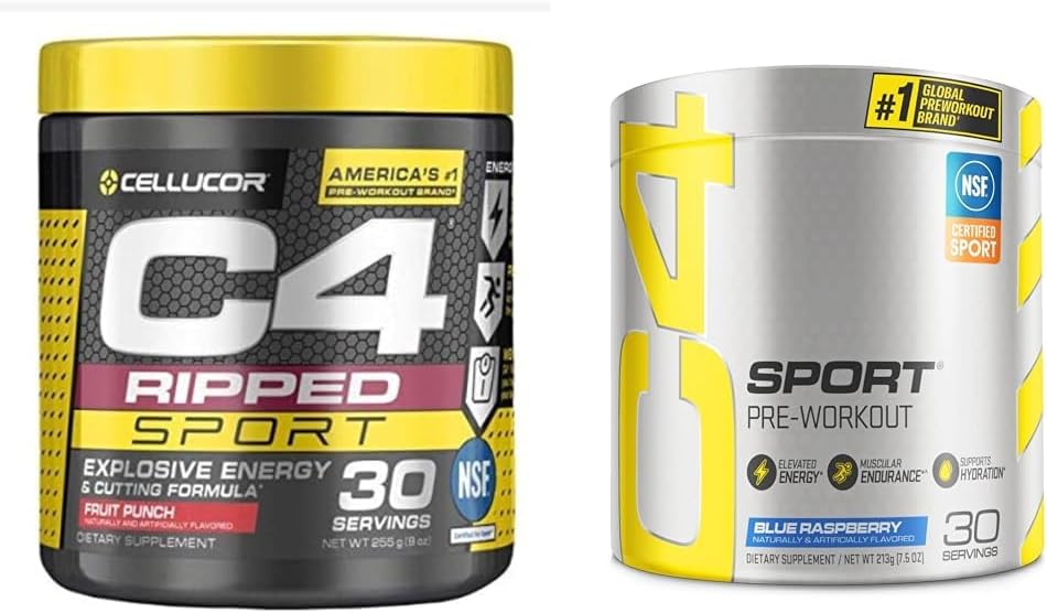 C4 Ripped Sport Pre Workout Punch en poudre de fruits - NSF certifié pour le sport + sans sucre et C4 Sport Pre Workout Poudre bleue framboise - Pré entraînement énergie